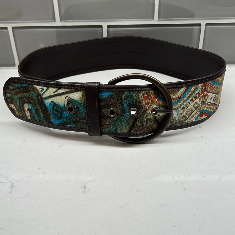Chicos Faux Leather Trim Fabric Front Belt Round Buckle Teal Abstract Print Sz S